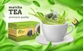 Tea ad. Realistic cup and package of green and dried tea, natural herbal drink advertisement with flying leaves and