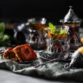 Tea armud in Turkish style with lemon. served on a silk tablecloth with baklava and fruit-cherries and apricots