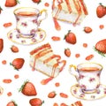 Tea background - cake, teacup, strawberry. Seamless pattern. Watercolor Royalty Free Stock Photo