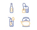 Tea bag, Beer and Water glass icons set. Teapot sign. Brew hot drink, Pub alcohol, Soda drink. Tea kettle. Vector