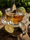 Tea in a tea bag is brewed in a transparent mug