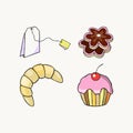 Tea bag, cookies, croissant cupcake. eps10 vector illustration. hand Royalty Free Stock Photo