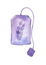 Tea bag with lavender, watercolor illustration, isolated white background Royalty Free Stock Photo