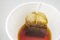 Tea bag in paper cup and hot water Royalty Free Stock Photo