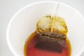 Tea bag in paper cup and hot water Royalty Free Stock Photo