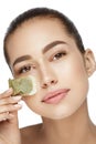 Tea Bag Under Eye. Beautiful Woman With Fresh Healthy Skin Royalty Free Stock Photo