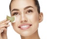 Tea Bag Under Eye. Beautiful Woman With Fresh Healthy Skin Royalty Free Stock Photo