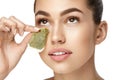 Tea Bag Under Eye. Beautiful Woman With Fresh Healthy Skin Royalty Free Stock Photo