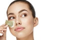 Tea Bag Under Eye. Beautiful Woman With Fresh Healthy Skin Royalty Free Stock Photo