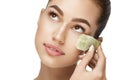 Tea Bag Under Eye. Beautiful Woman With Fresh Healthy Skin Royalty Free Stock Photo