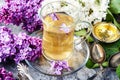 Cup of tea and lilac flowers