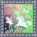 Tea box design. Winged Fairy and cheerful unicorn