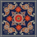 Tea box packaging design. Unique square carpet in indian style with red flowers and paisley pattern. Bandana print