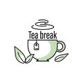 Tea break. Green tea. Icon. Cup with mint. Tea cup with green fresh mint leaves. Vector graphic