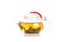 Tea is brewed in a transparent tea pot on white background