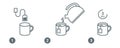 Tea brewing icons of preparing teabag and tea brew instructions, vector. Cup and tea bags and kettle, instruction line icons