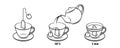 Tea brewing icons of preparing teabag and tea brew instructions, vector. Cup and tea bags teapot instruction line icons