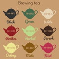 Tea brewing infographic, guide. Printable teapot icons with temperature and tea type Royalty Free Stock Photo