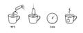 Tea brewing instruction icons of tea bag and cup, vector brew preparation method. Teabag brew mug and making icons time steps