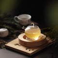 Tea brewing process, tea ceremony, a cup of freshly brewed green oolong tea