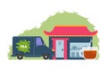 Tea cafe shop in Chinese style, delivery truck van and cup of tea vector illustration, transportation process production