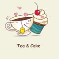 Tea and cake, love forever. Tea and cake hug. Comic, cartoon. Vector illustration.