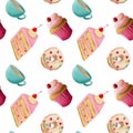 Tea and cakes seamless pattern on white background digital illustration