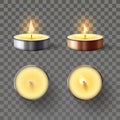 Tea candle. Romantic candles in metal flame, relaxing wax candle fire and spa aromatherapy candlelight isolated 3D