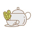 Tea in ceramic cup with leafs and teapot fill style icon Royalty Free Stock Photo