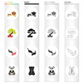 Tea ceremony, bonsai tree, Japanese sacred carp, koi, panda bamboo bear. Japan set collection icons in cartoon black