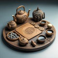 Tea ceremony. Chinese pu-erh in a bowl. In the background is a brown teapot