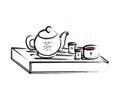 Tea ceremony. Clipart tea. Teapot bowls brush stroke in asian style