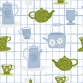 Tea ceremony doodle seamless pattern. White background with check. Green and blue cups and teapots