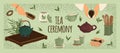 Tea ceremony equipment set vector illustration. Traditional japanese and chinese tea utensils and accessories, teapot