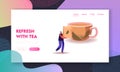 Tea Ceremony Landing Page Template. Tiny Woman Carry Package with Dry Tea Leaves front of Huge Cup