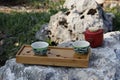 Tea ceremony in the nature. Tea table and caps. Royalty Free Stock Photo