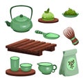 Tea ceremony set, tea time symbols and accessories cartoon vector Illustrations Royalty Free Stock Photo