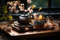 Tea ceremony, teapot and cups, candle and sakura. AI generative Royalty Free Stock Photo