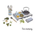 Tea ceremony with various traditional elements. Colorful hand drawn illustration.