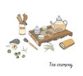 Tea ceremony with various traditional elements. Colorful hand drawn illustration.