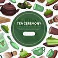 Tea ceremony web banner. Traditional Japanese and Chinese tea ceremony utensils landing page vector illustration