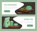 Tea ceremony web banners set. Green tea, traditional Japanese and Chinese tea ceremony utensils and accessories landing