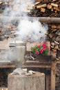 Tea Cermonia with a Russian samovar. Traveling in Russia. Traditional culture of peoples. Village lifestyle, fresh air and outdoor