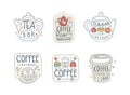 Tea coffee bar labels set. Takeaway drinks hand drawn labels, stickers, prints vector illustration