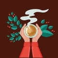 Tea coffee break, mug, hand top view. Female. Vector illustration of drinking coffee on a brown background