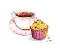 Tea or coffee cup, muffin cake. Watercolor