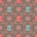 Tea And Coffee Cup Repeat Pattern In Aqua And Pink On A Decorated Chocolate Brown Background
