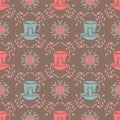 Tea And Coffee Cup Repeat Pattern In Aqua And Pink On A Decorated Chocolate Brown Background Royalty Free Stock Photo
