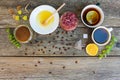 Tea, coffee in cups, chicory, lemon, mint, jam made of rose petals, dried lime, honey Royalty Free Stock Photo