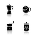 Tea and coffee drop shadow black icons set